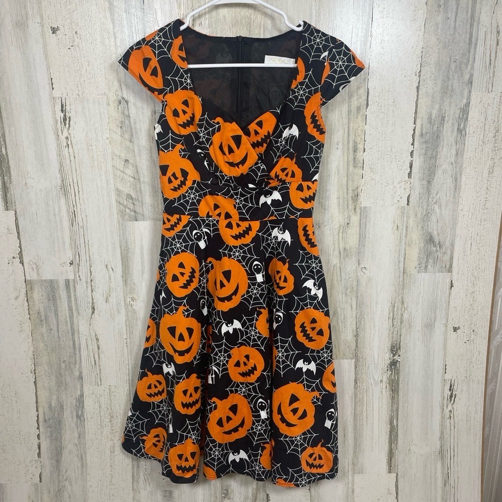 Hanpceirs Fit Halloween Print Fit And Flare Dress sz XS Black Orange Pinup Retro